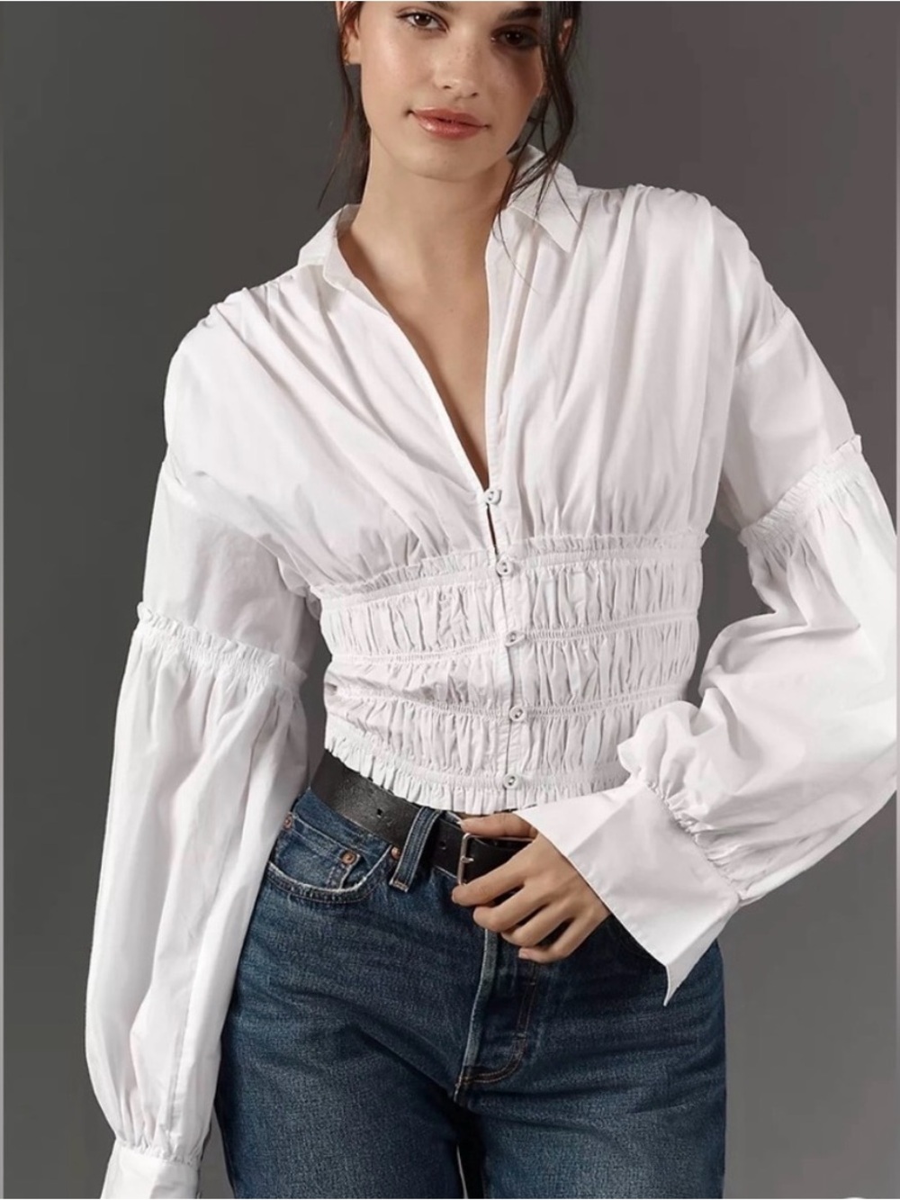 Anthropologie ~ Women's White Smocked Button-Front Blouse